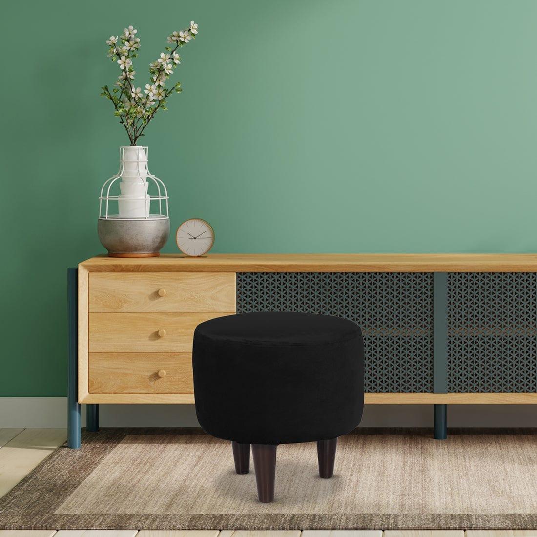 DOE BUCK ROUND VELVET OTTOMAN WITH WOODEN LEG IN MEHROON