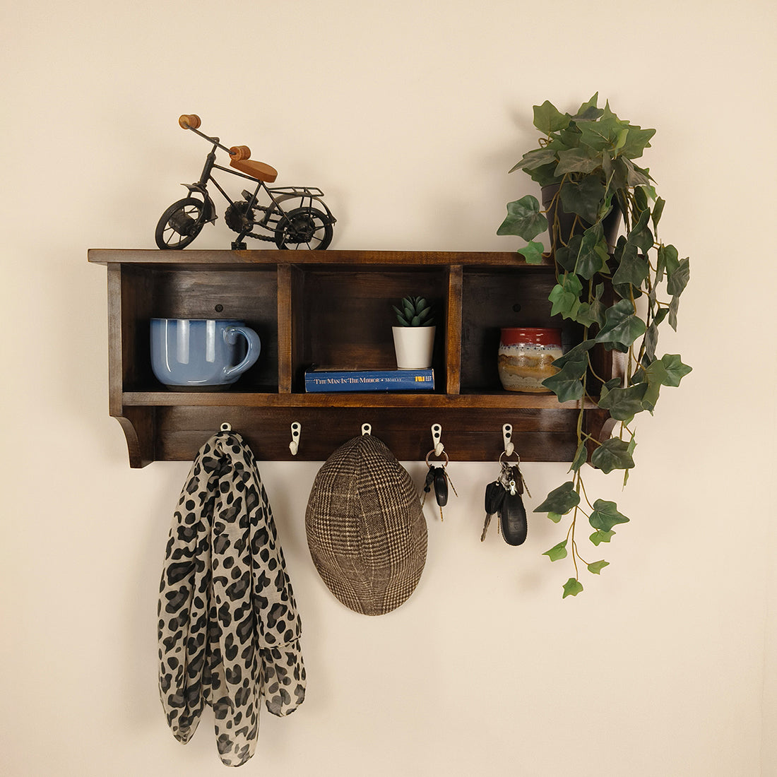 Ambrosia Wooden Wall Shelf Organiser with Key Holders -OUCH CART | Wall hanging