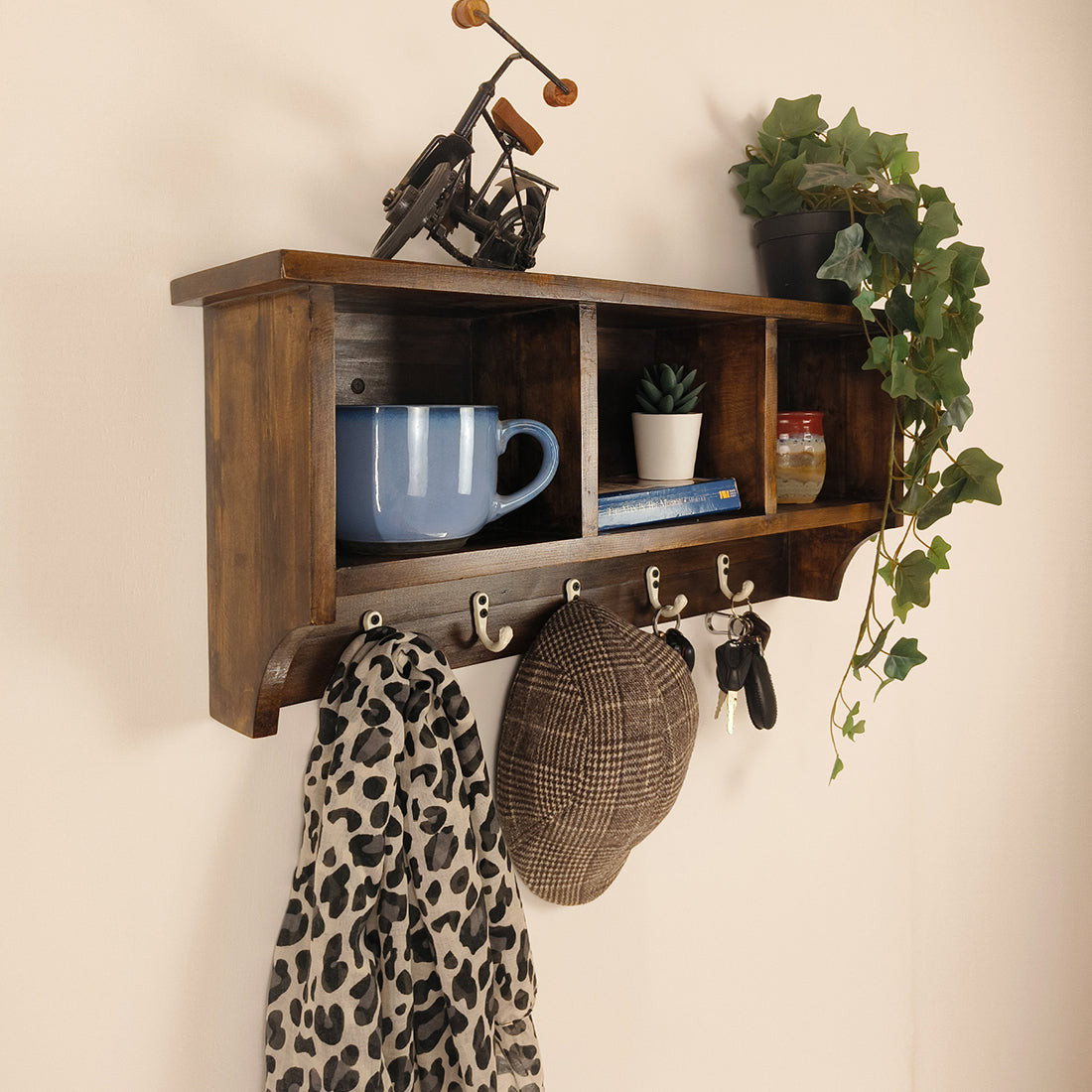 Ambrosia Wooden Wall Shelf Organiser with Key Holders