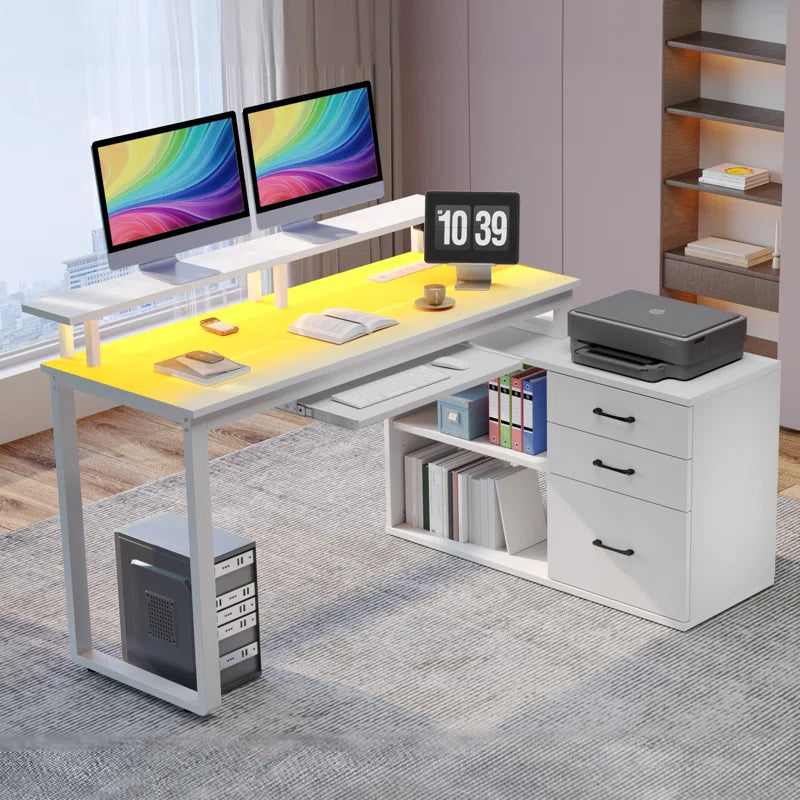 L Shaped Computer Desk with File Drawer, LED Lights and Keyboard Tray See More by Ivy Bron