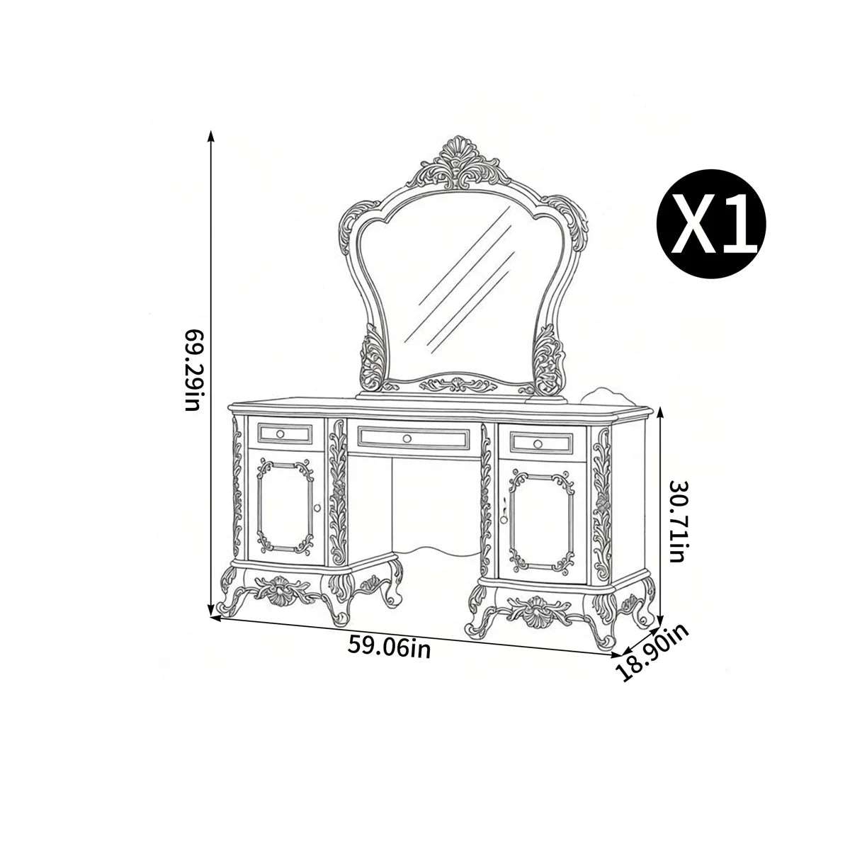Ouch Cart Luxury Dressing Table with Mirror | Classic Vanity Desk with Drawers & Storage
