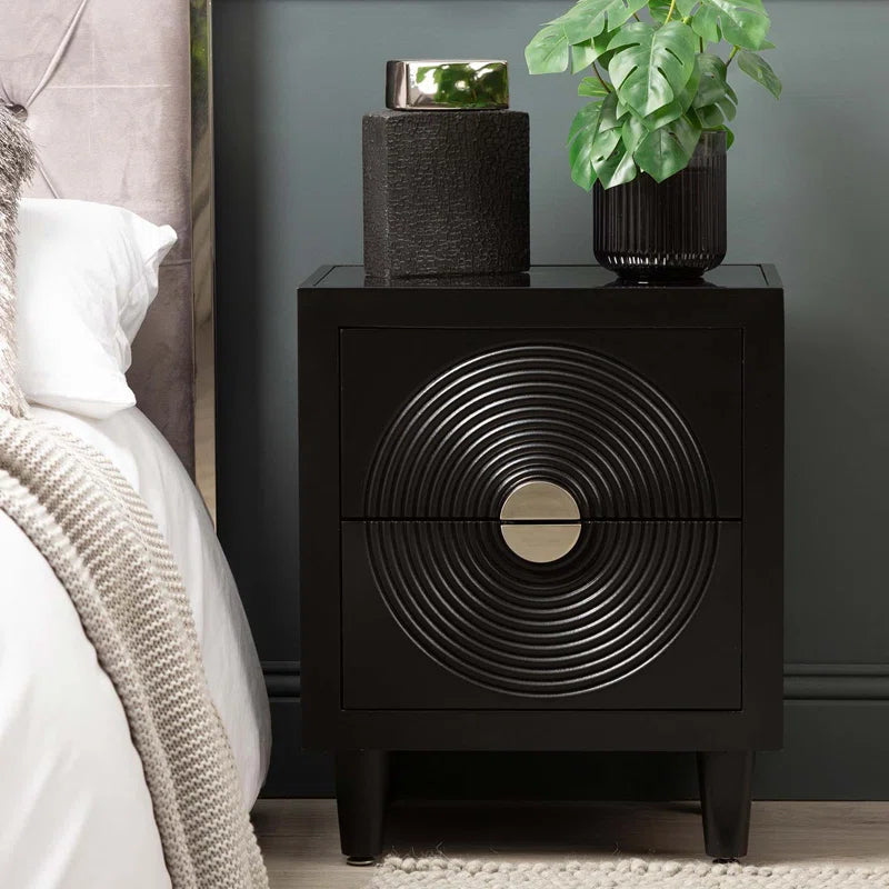 Everett Bedside Table for Bedroom Furniture, 2 Drawer Wooden Storage Cabinet with Black Finish Ouch Cart