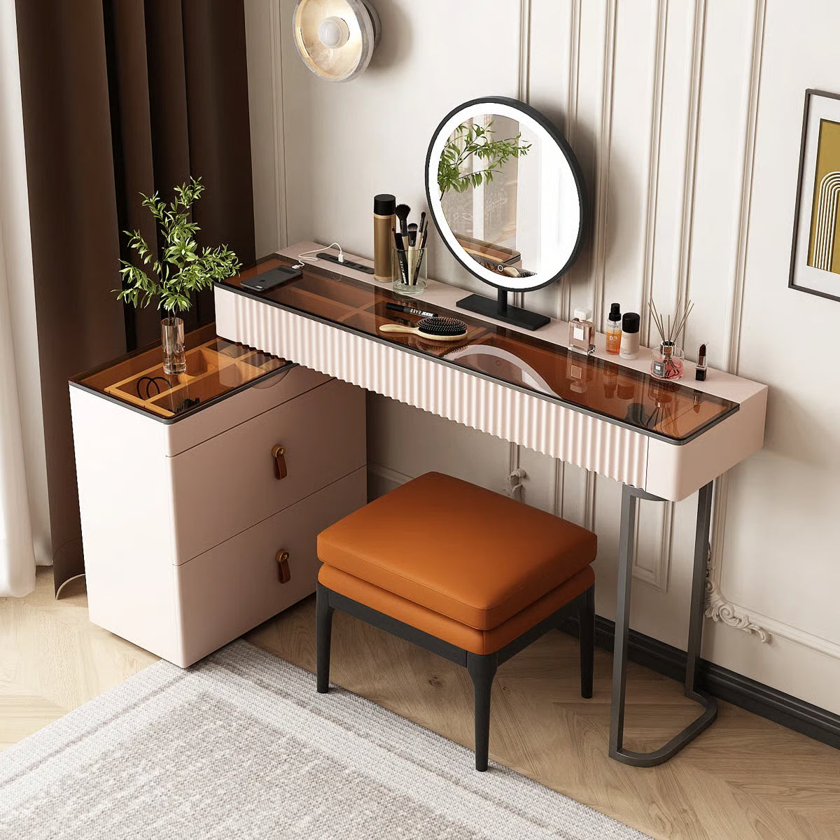 Andraz Modern Corner Makeup Vanity Desk with Glass Top and Integrated Power