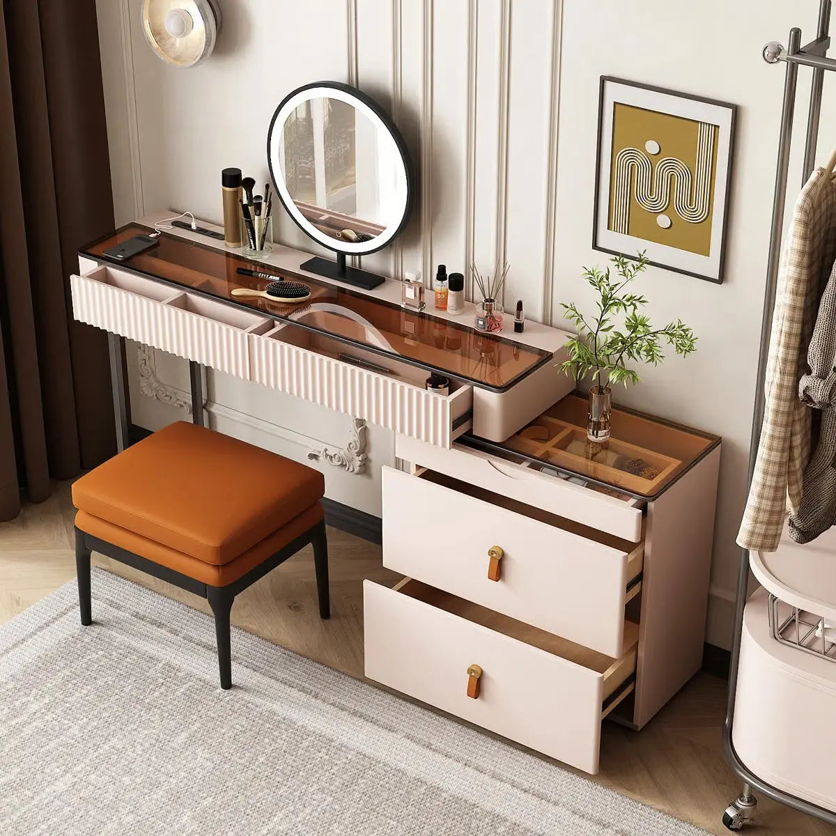 Andraz Modern Corner Makeup Vanity Desk with Glass Top and Integrated Power- OUCH CART | Dressing table