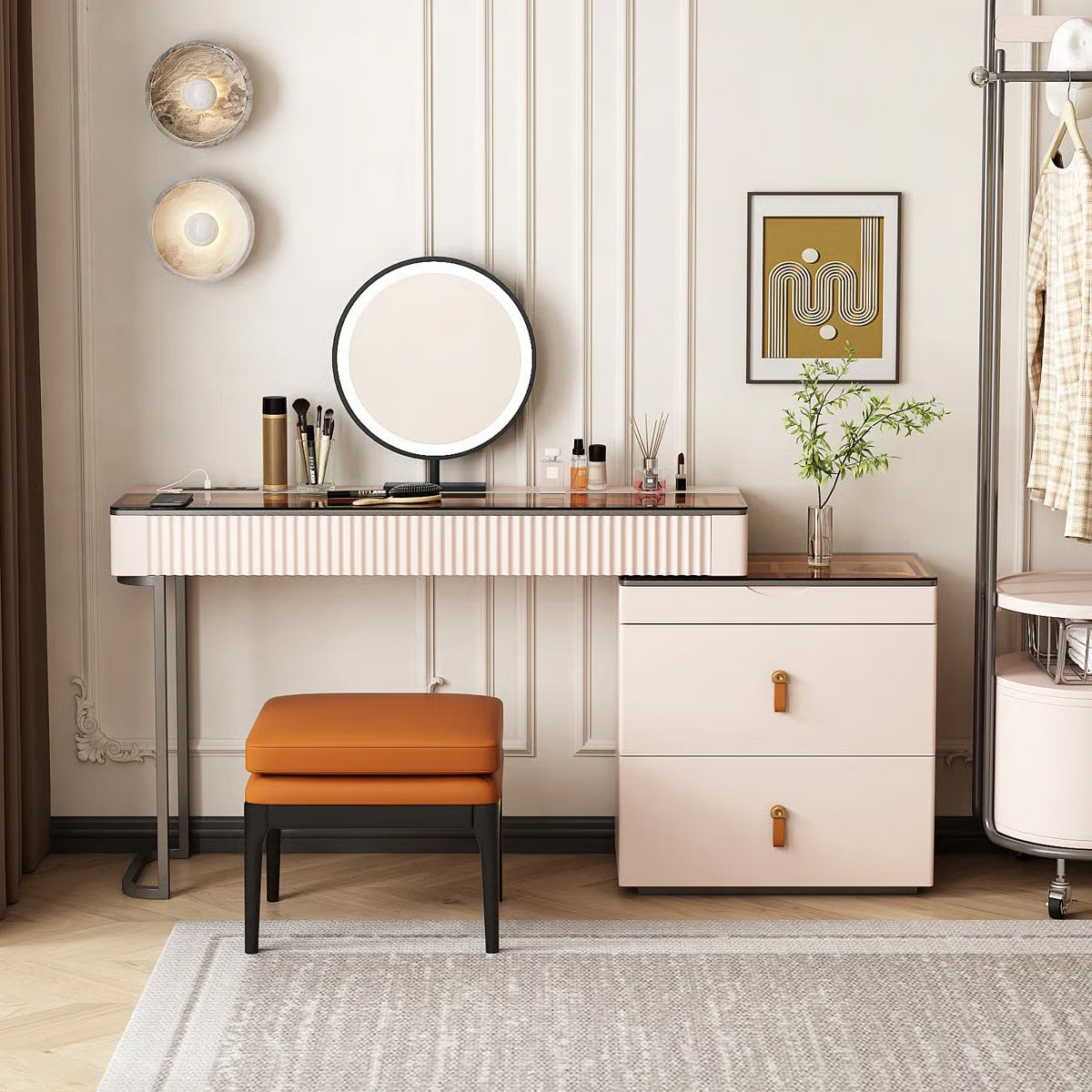 Andraz Modern Corner Makeup Vanity Desk with Glass Top and Integrated Power