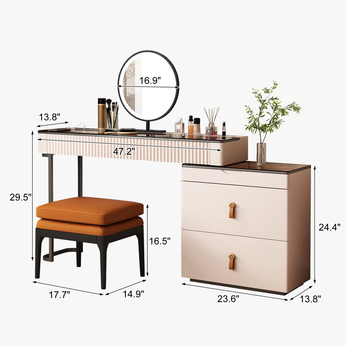 Andraz Modern Corner Makeup Vanity Desk with Glass Top and Integrated Power