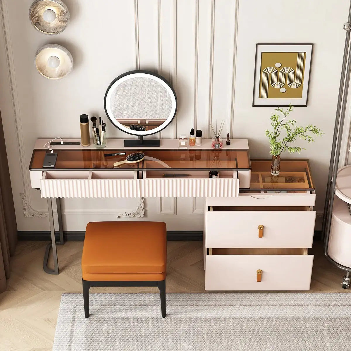 Andraz Modern Corner Makeup Vanity Desk with Glass Top and Integrated Power