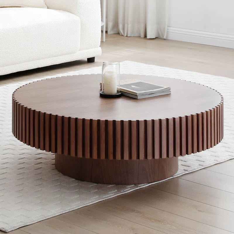 Modern Round Coffee Table with Fluted Gear Design | Luxury MDF Pedestal Center Table for Living Room