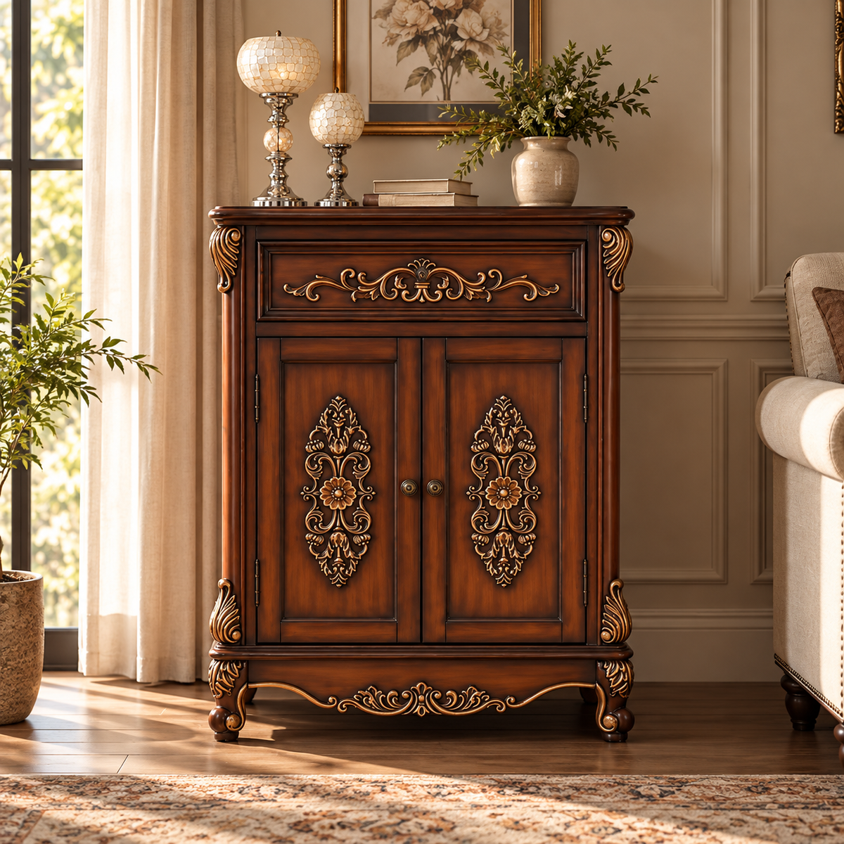 Antique Wooden Storage Cabinet with Gold Carved Detailing, Traditional 2-Door Sideboard for Living Room, Bedroom and Entryway