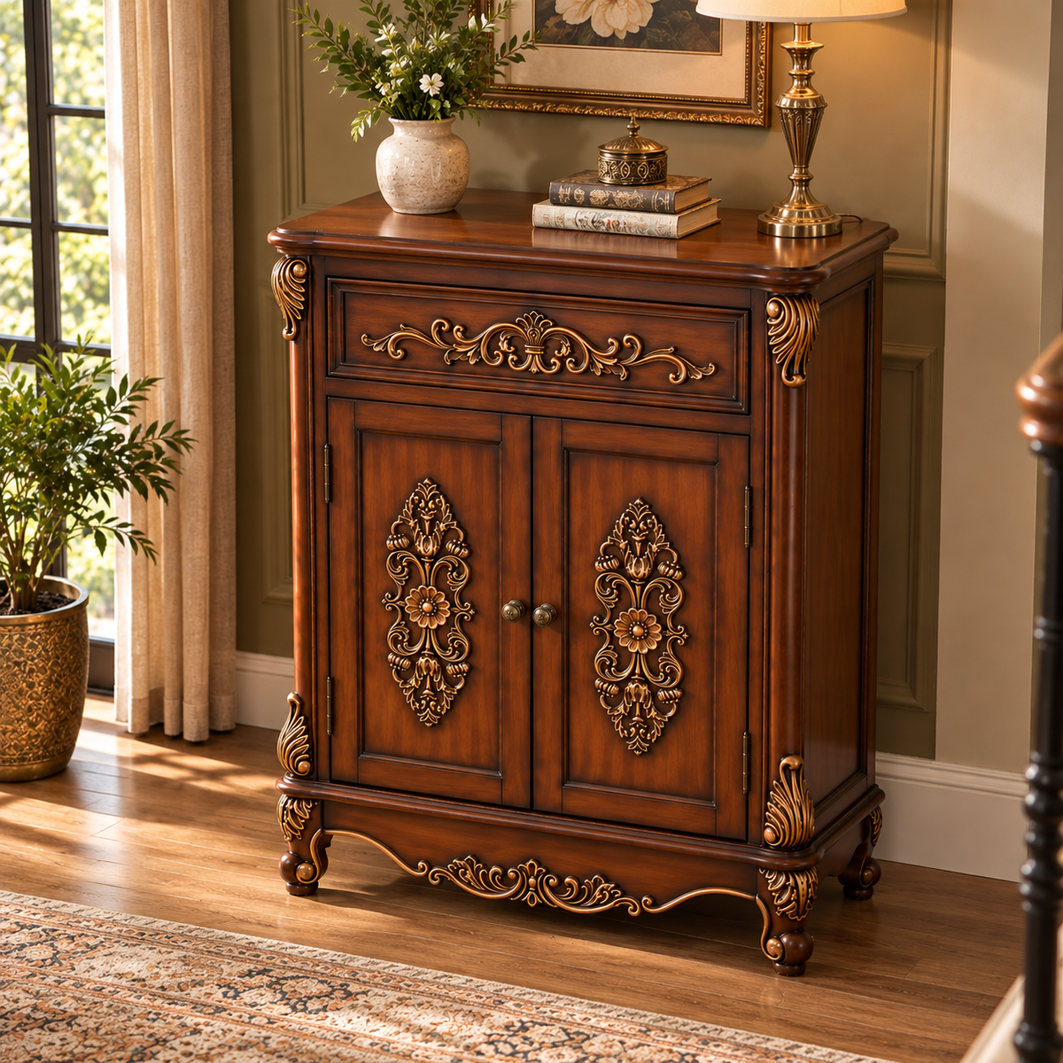 Antique Wooden Storage Cabinet with Gold Carved Detailing, Traditional 2-Door Sideboard for Living Room, Bedroom and Entryway