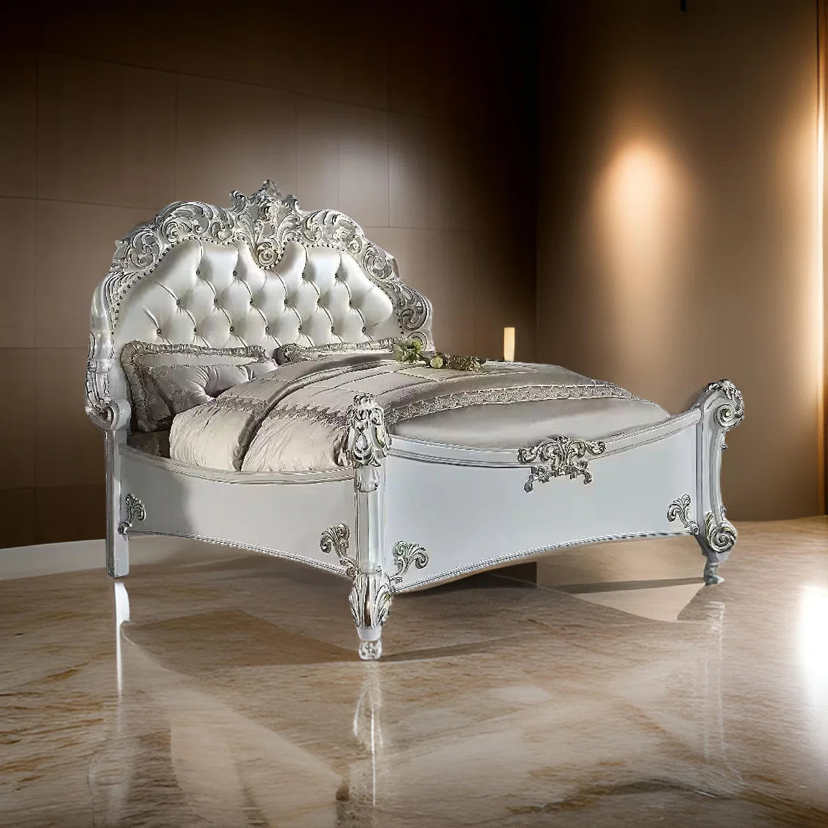 Antoine Bed, White Faux Leather Victorian Carved, Antique White - OUCHCART | Bed