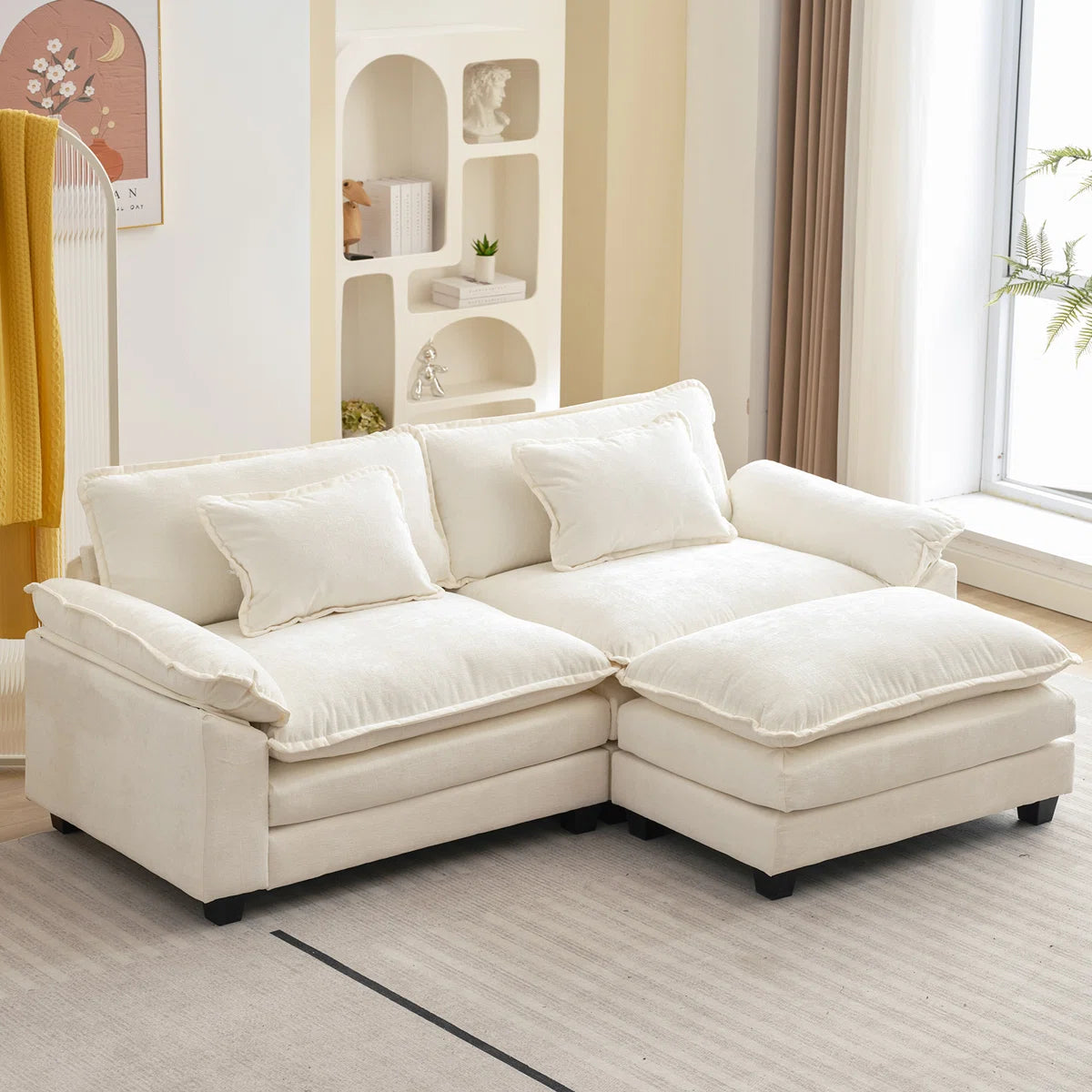 Comfy Cloud Sofa with Ottoman | Modern Upholstered 2-Seater Couch | Deep Seat Loveseat with Cushions