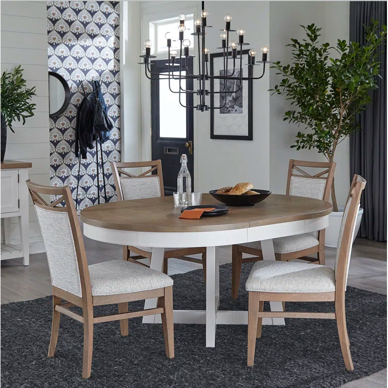 4 seater Round Dining Set with Weathered Natural Finish & Upholstered Chairs