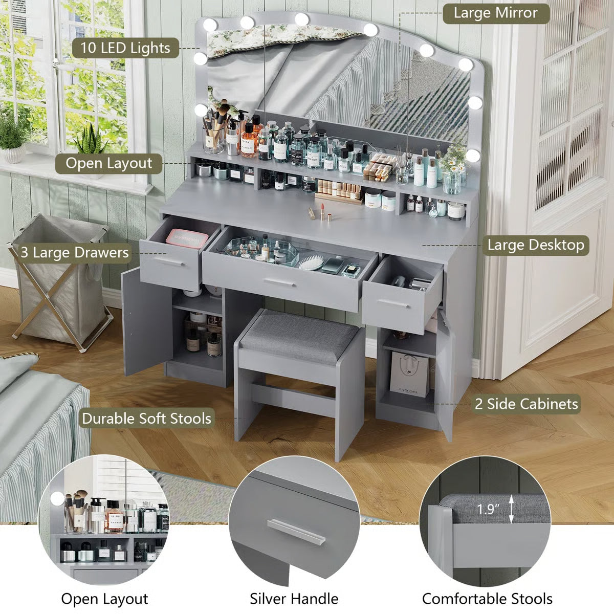 Areena Vanity Table Set with Mirror and Stool – Holiday Gift for Makeup Enthusiasts