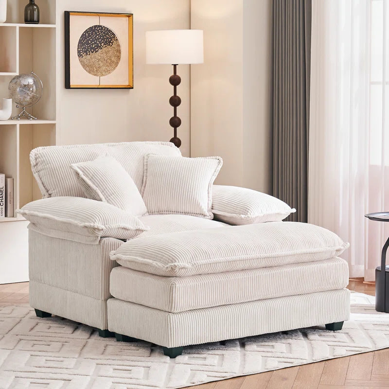 Corduroy Chaise Lounge Sofa with Solid Wood Frame & Ottoman