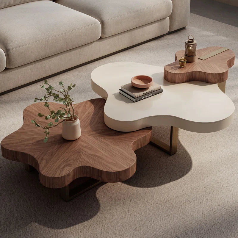 Cloud-Shaped Modular Coffee Table Set โ Walnut Finish Nesting Tables with Metal Legs for Modern Living Rooms