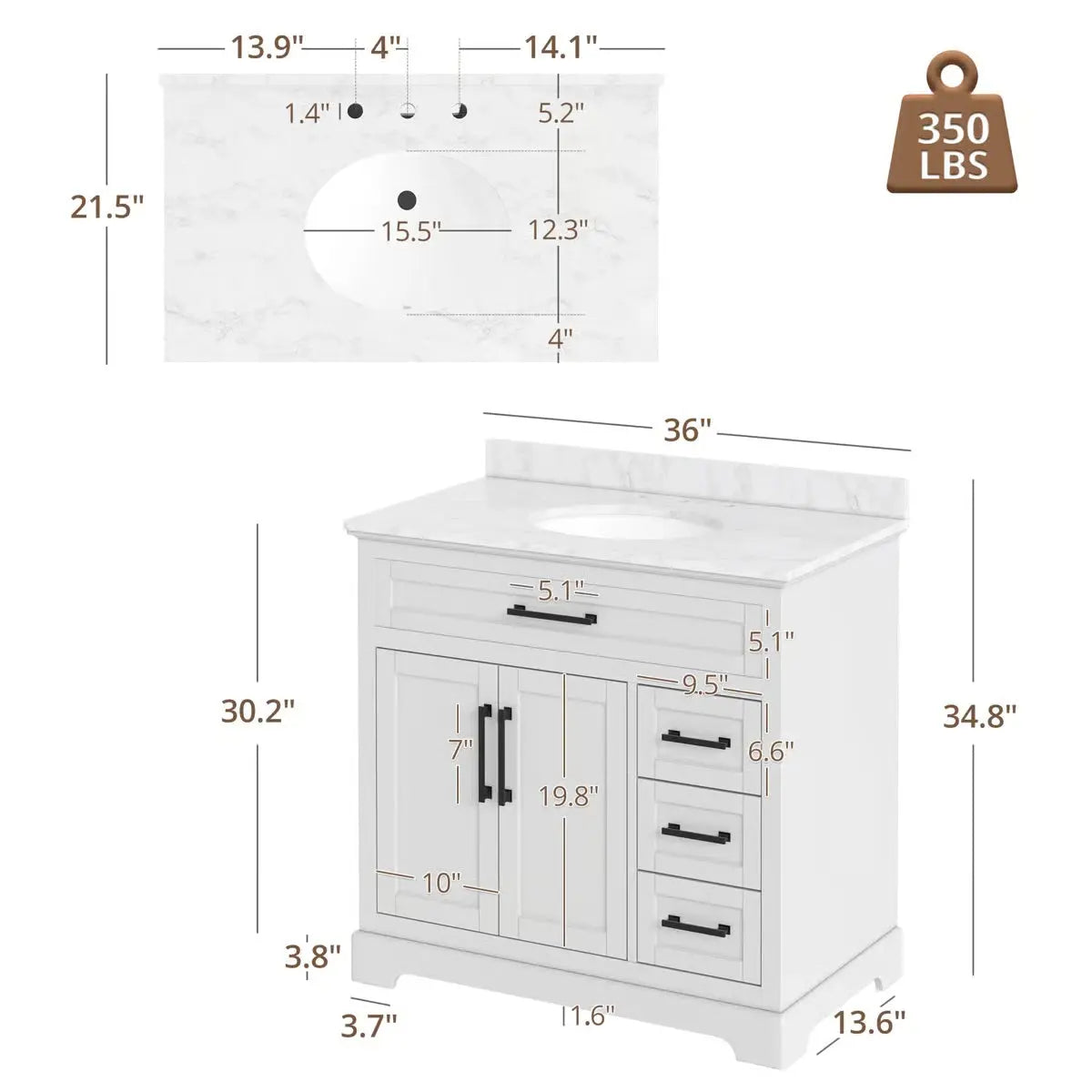Auben 36" Modern Bathroom Vanity – Engineered Faux Marble Top & Storage Drawers