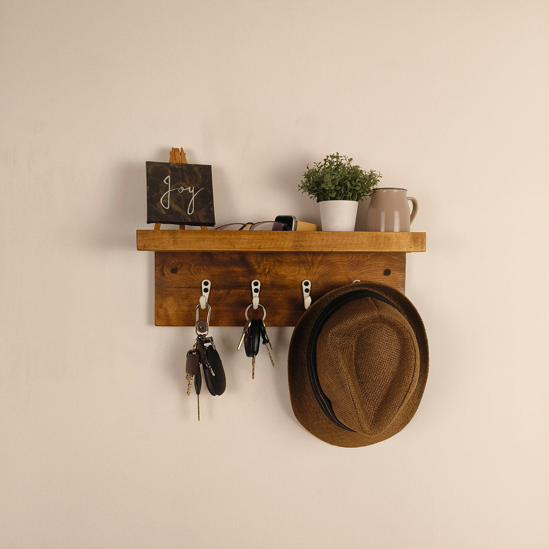 BAXTER Wooden Wall Shelf Organiser with Key Holders - OUCH CART | Wall decor and key holder