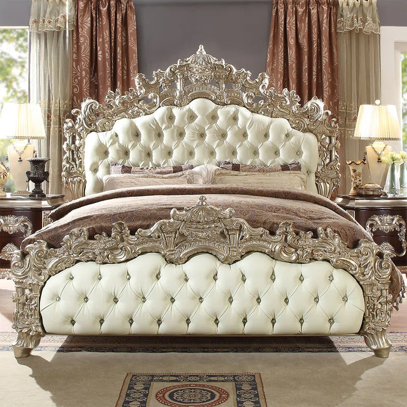 BEDROOM RESIN/LEATHER 5PC BEDROM | SILVER W/BROWN CHERRY ACCENT PIECES- OUCHCART | Luxury BED