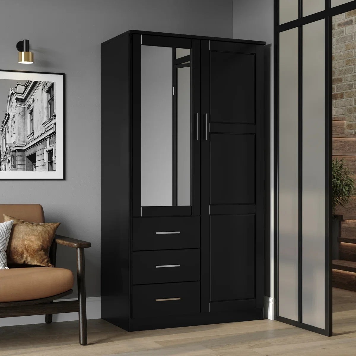 Elegant Metro 2-Door Wardrobe Armoire Solid Wood Mirrored Bedroom Storage OUCH CART