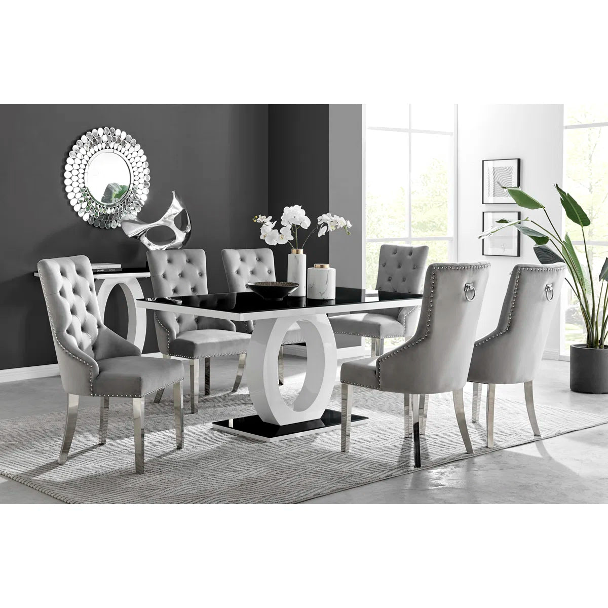 Scottsmoor Halo Dining Table Set in Modern High Gloss with 6 Luxury Velvet Dining Chairs- OUCH CART