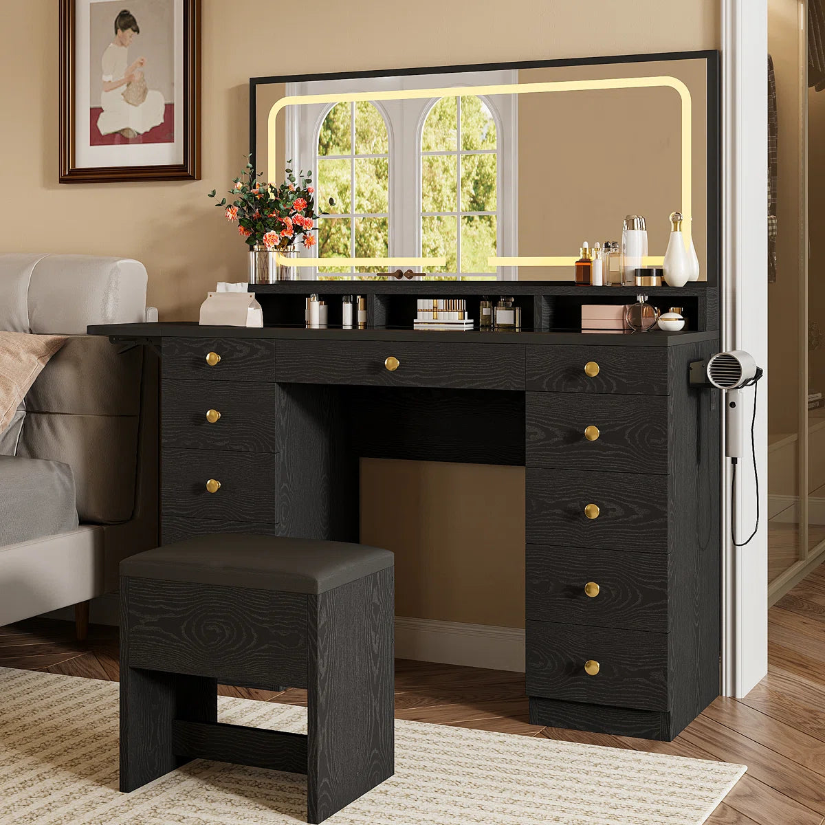46’’ Makeup Vanity Set with LED Lights, Mirror, Power Outlet, 11 Drawers, and Matching Stool - OUCH CART| Dressing table