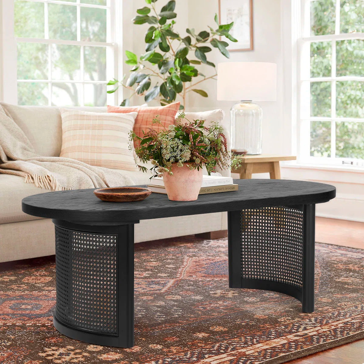 Antowine 48" Oval Solid White Oak Rattan Coffee Table- OUCH CART | Center table