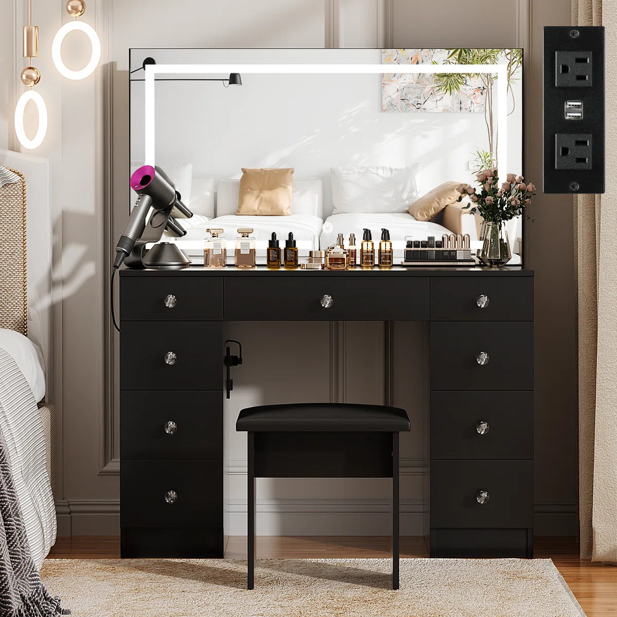 Greyden Lighted Vanity Set with Diamond Handles on 9 Drawers, and Built-In Power Outlet