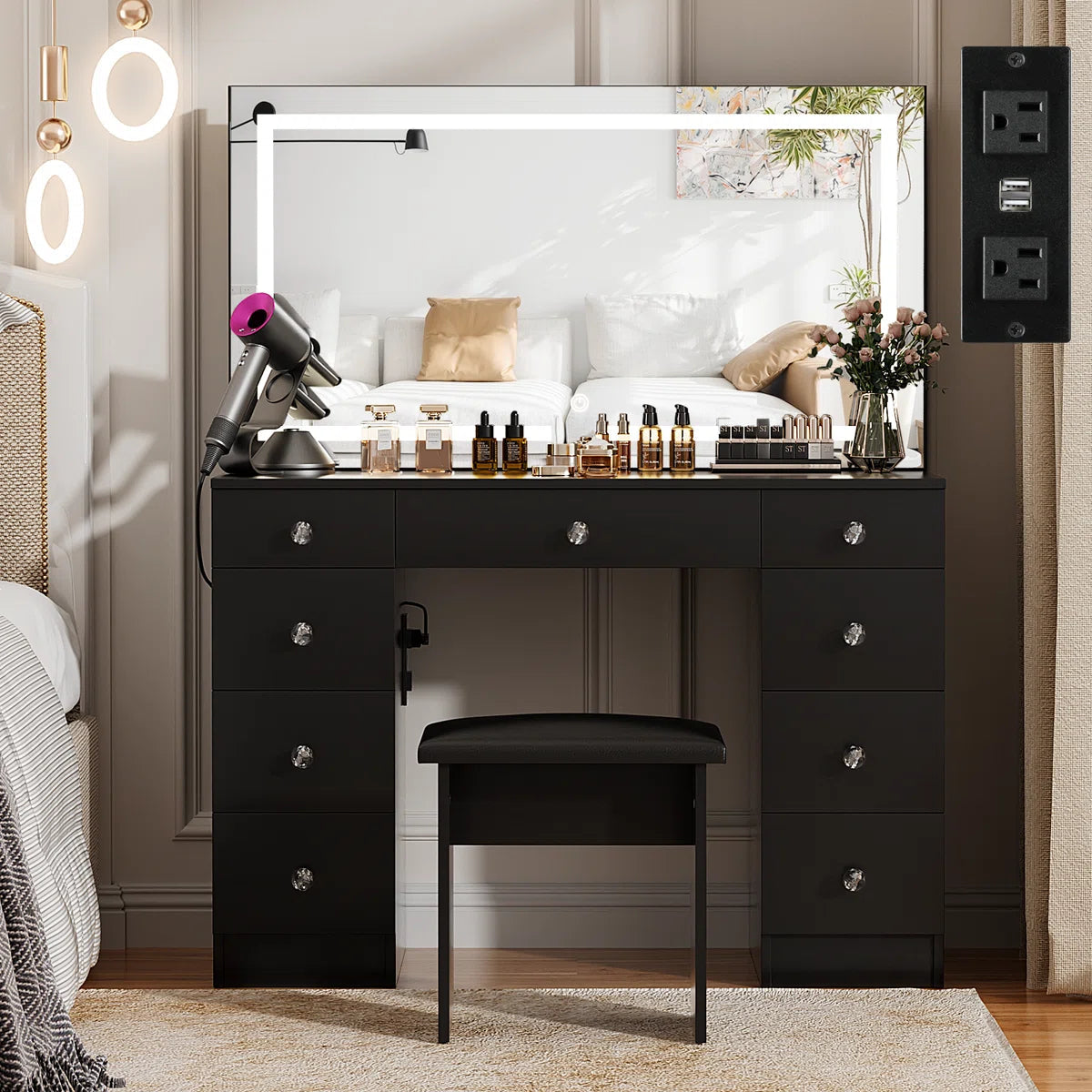 Greyden Lighted Vanity Set with Diamond Handles on 9 Drawers, and Built-In Power Outlet OUCH CART