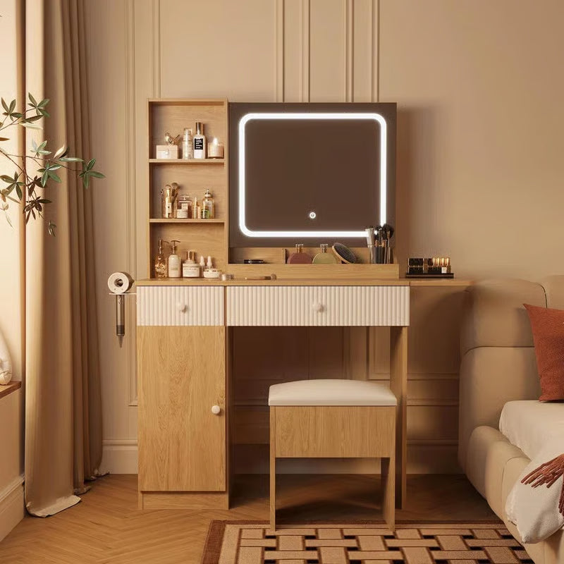 Makeup Vanity Desk w/ LED Lights & Power Outlets - 2 Drawers, Cabinet & Stool - Dressing Table with Charging Station
