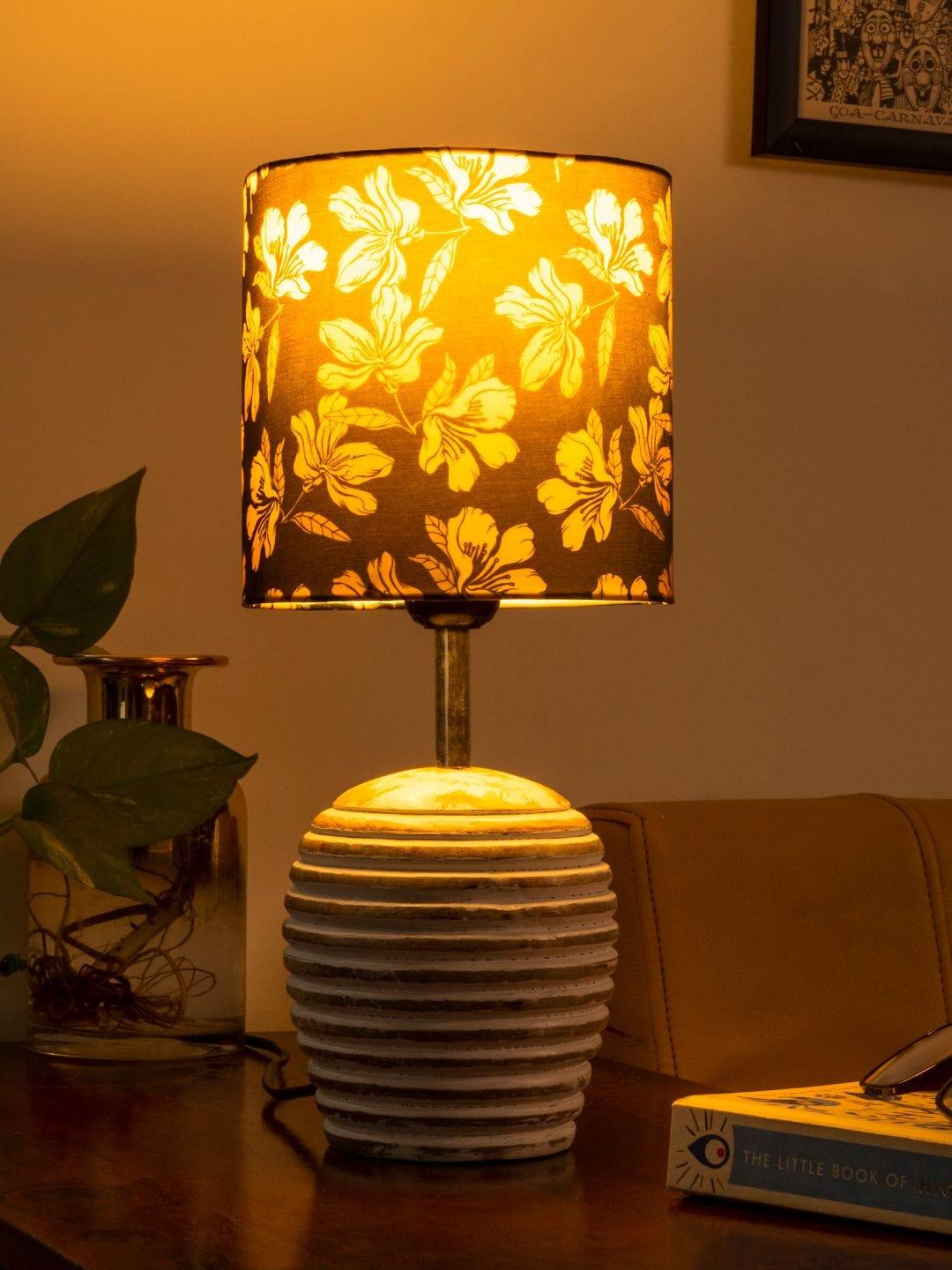 Stripped Distress White Lamp with Black Floral multicolor shade - Ouch Cart