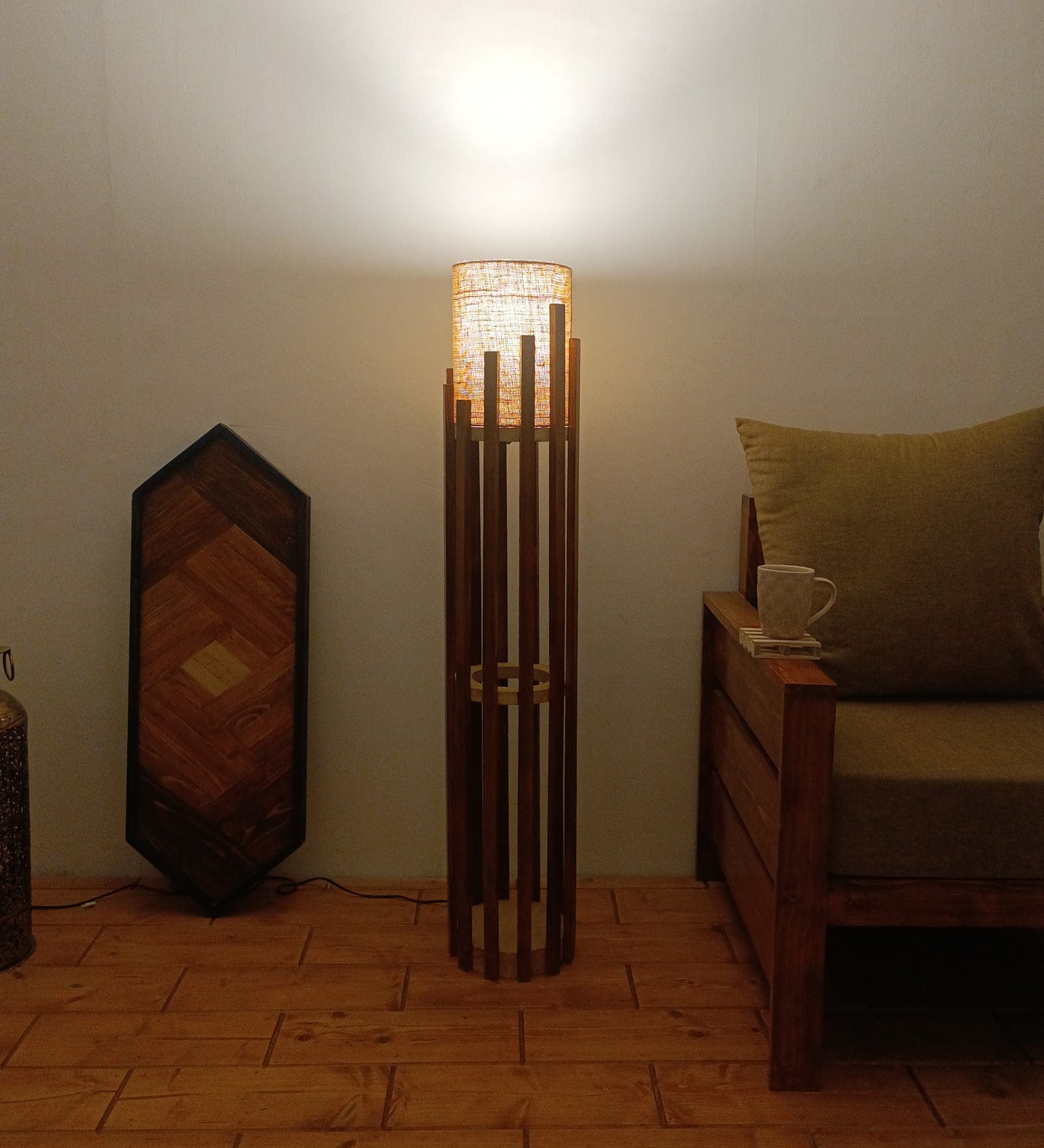Bastian Wooden Floor Lamp with Brown Base and White Fabric Lampshade (BULB NOT INCLUDED)