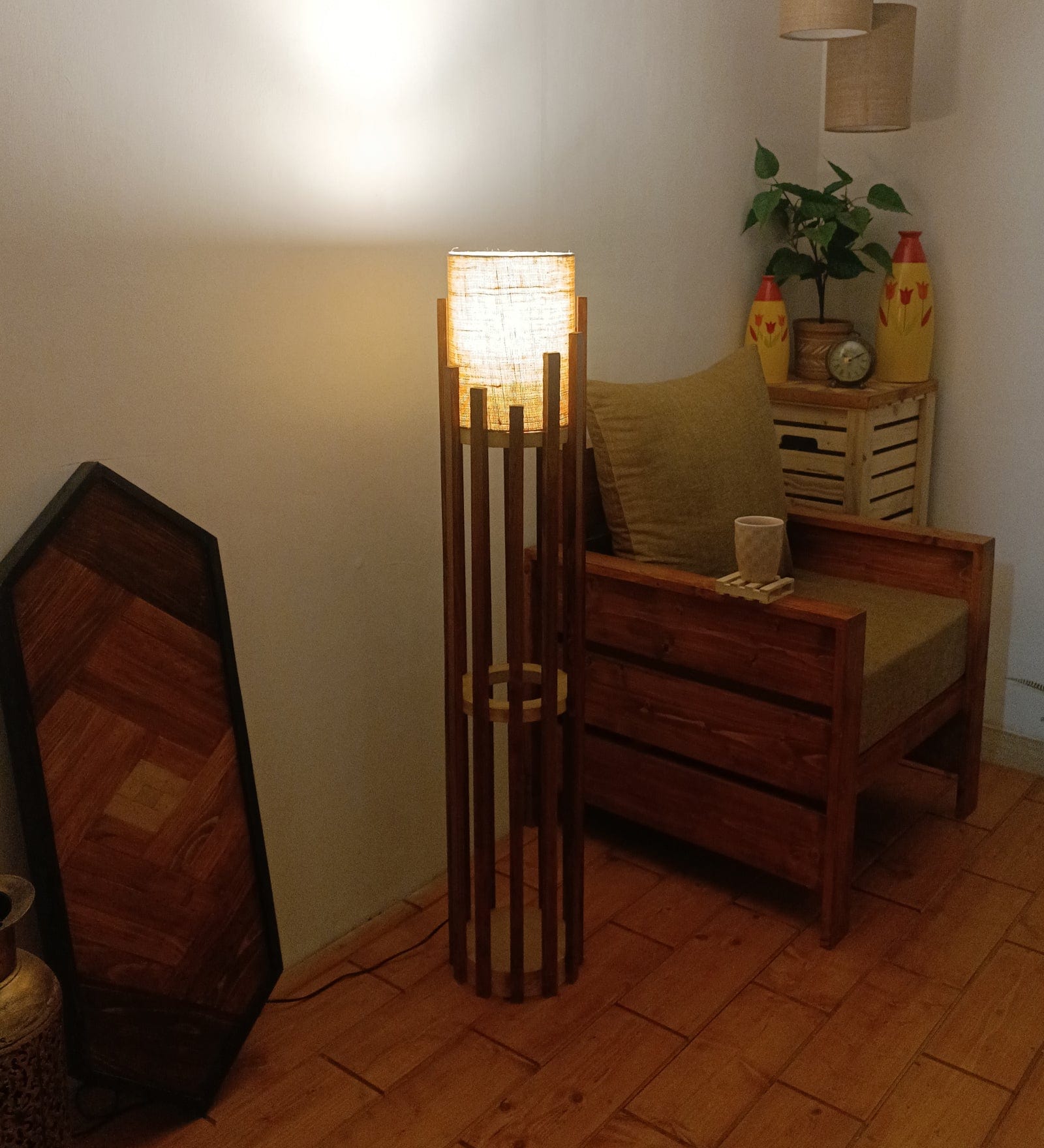 Bastian Wooden Floor Lamp with Brown Base and White Fabric Lampshade (BULB NOT INCLUDED)