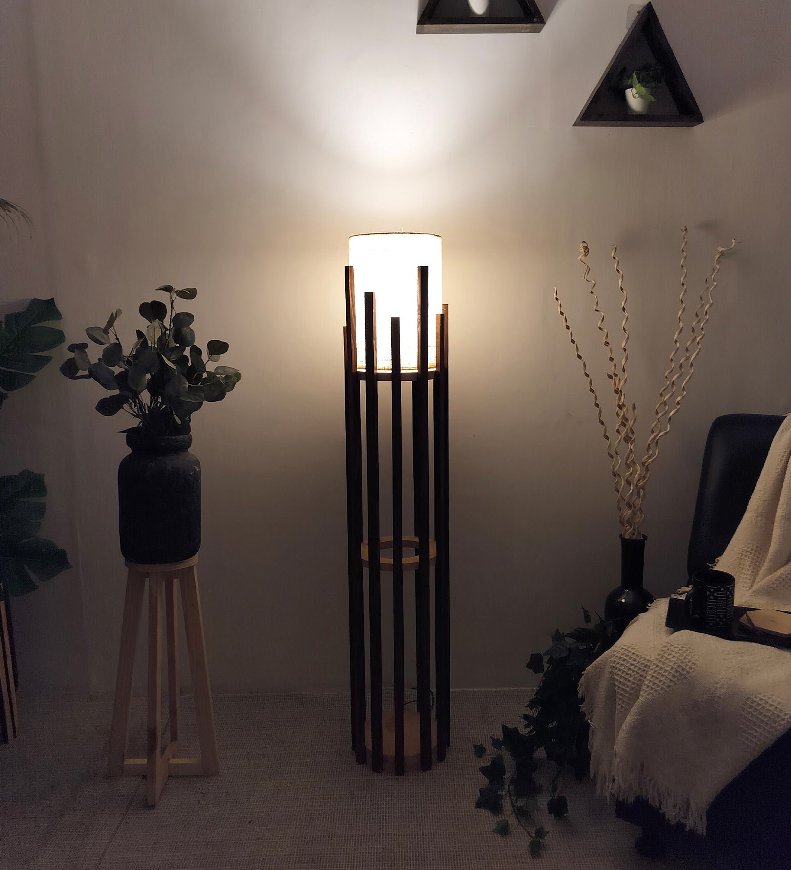 Bastian Wooden Floor Lamp with Brown Base and White Fabric Lampshade (BULB NOT INCLUDED)