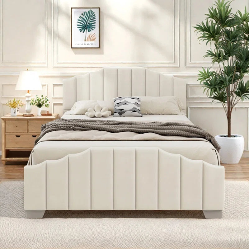 Bed With Vertical Channel Tufted Headboard And Footboard, Velvet Upholstered Platform Bed