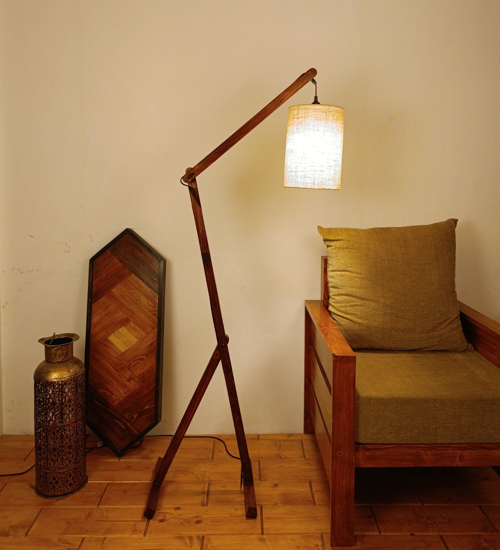 Benji Wooden Floor Lamp with Brown Base and Beige Fabric Lampshade (BULB NOT INCLUDED)