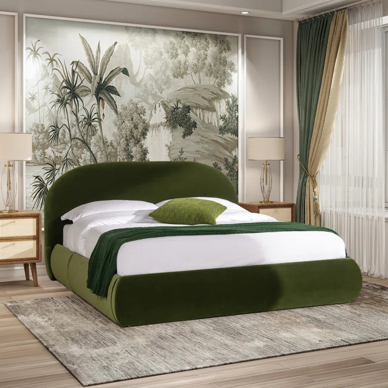Berteal Puffy Grounded Upholstered Platform Bed, Olive Green Performance Velvet