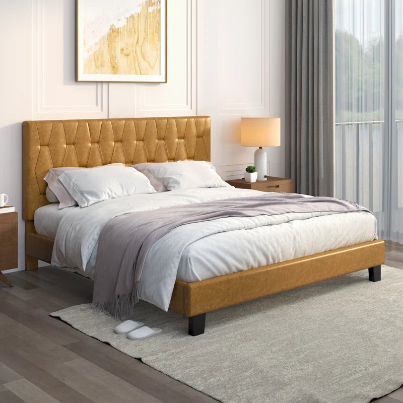 Berthena Tufted Faux Leather Upholstered Wooden Low Profile Standard Bed with Headboard & Footboard OUCH CART