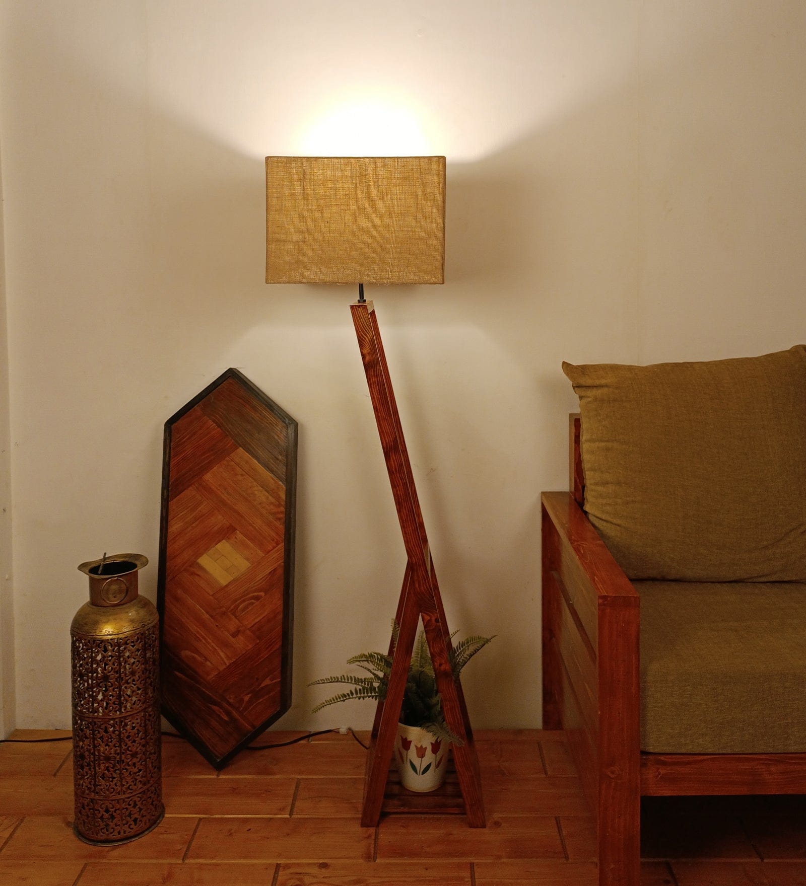 Bezalel Wooden Floor Lamp with Brown Base and Beige Fabric Lampshade (BULB NOT INCLUDED)