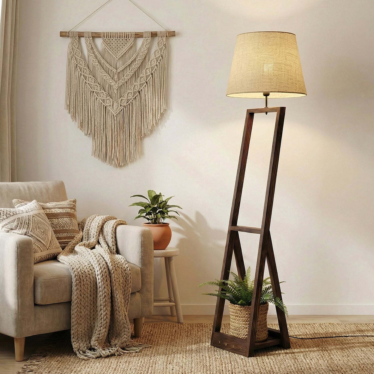 Bezalel Wooden Floor Lamp with Brown Base and Beige Fabric Lampshade (BULB NOT INCLUDED)