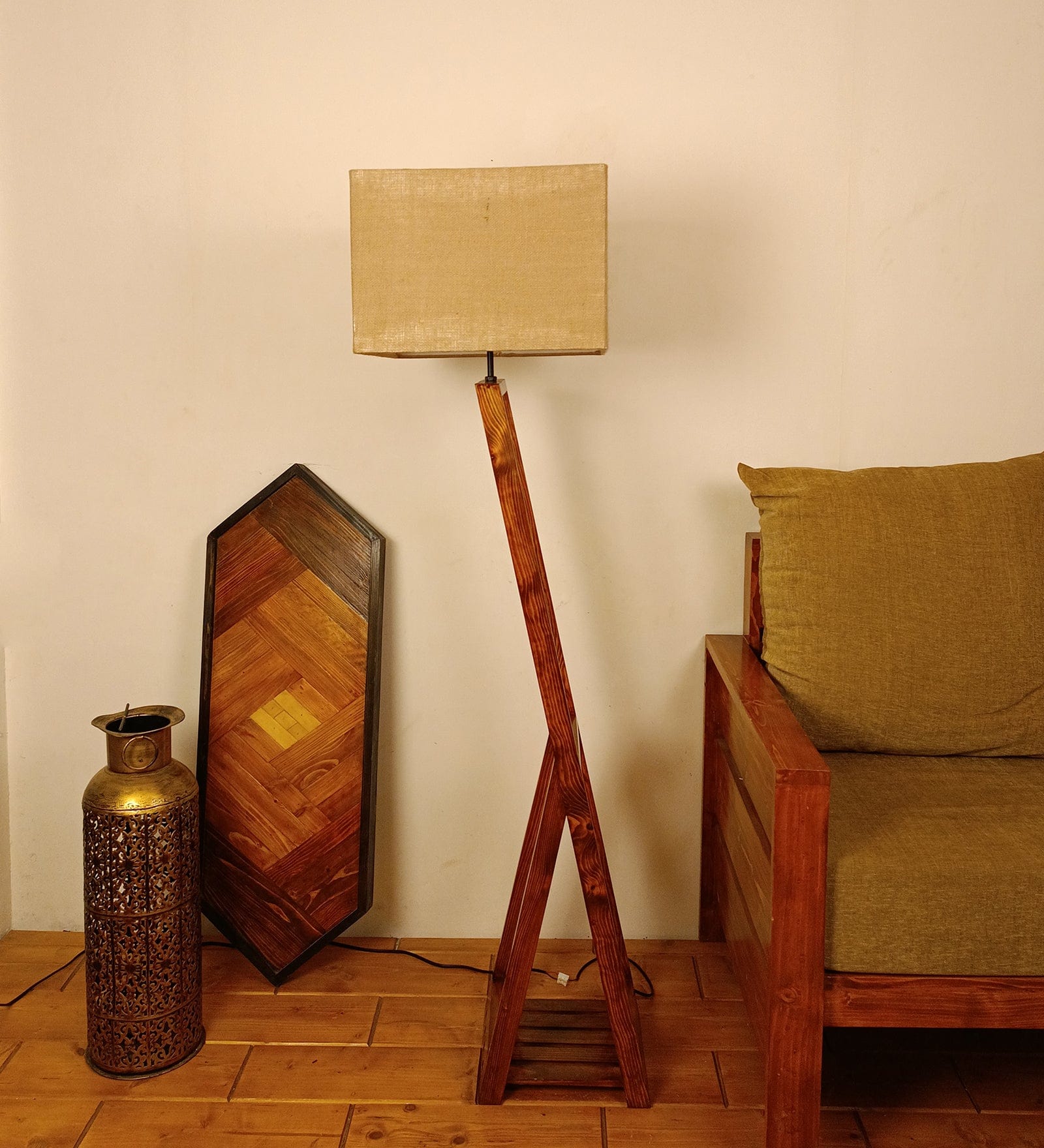 Bezalel Wooden Floor Lamp with Brown Base and Beige Fabric Lampshade (BULB NOT INCLUDED)