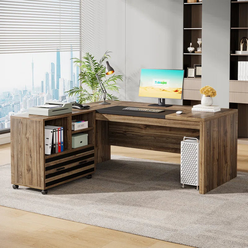Executive Office Desk with Mobile Filing Cabinet & Storage Shelves | Large Computer Workstation for Home Office