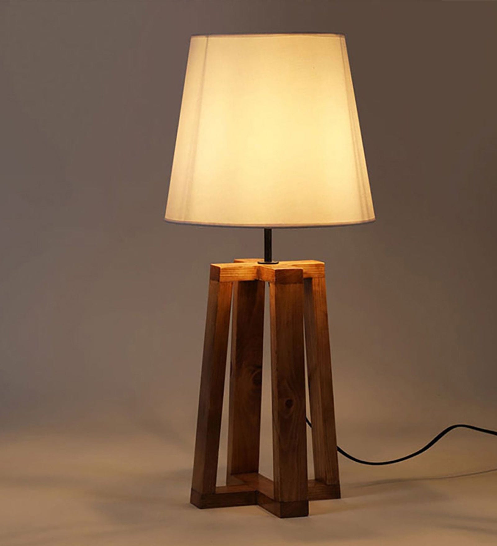 Blender Brown Wooden Table Lamp with White Fabric Lampshade (BULB NOT INCLUDED)
