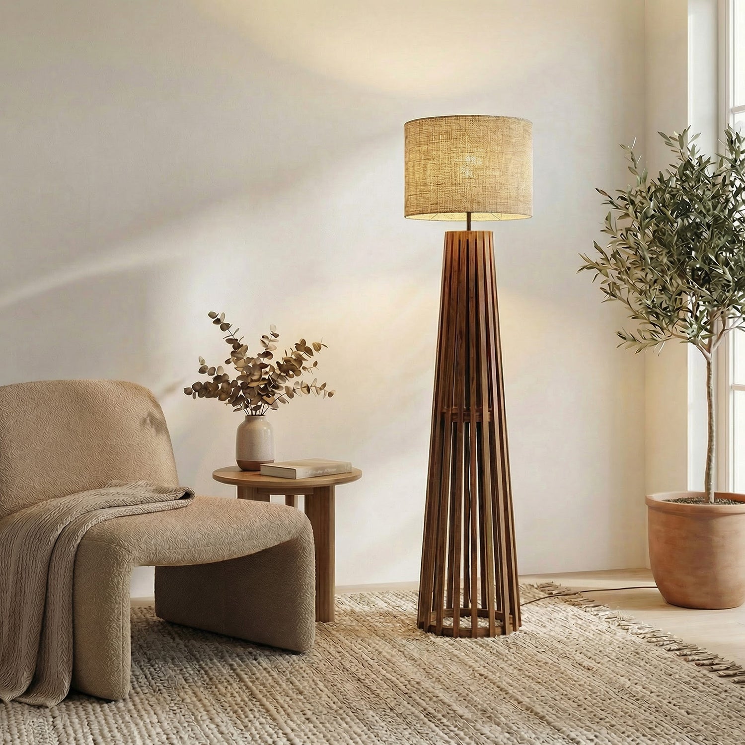 Boho Wooden Floor Lamp with Brown Base and Beige Fabric Lampshade (BULB NOT INCLUDED)