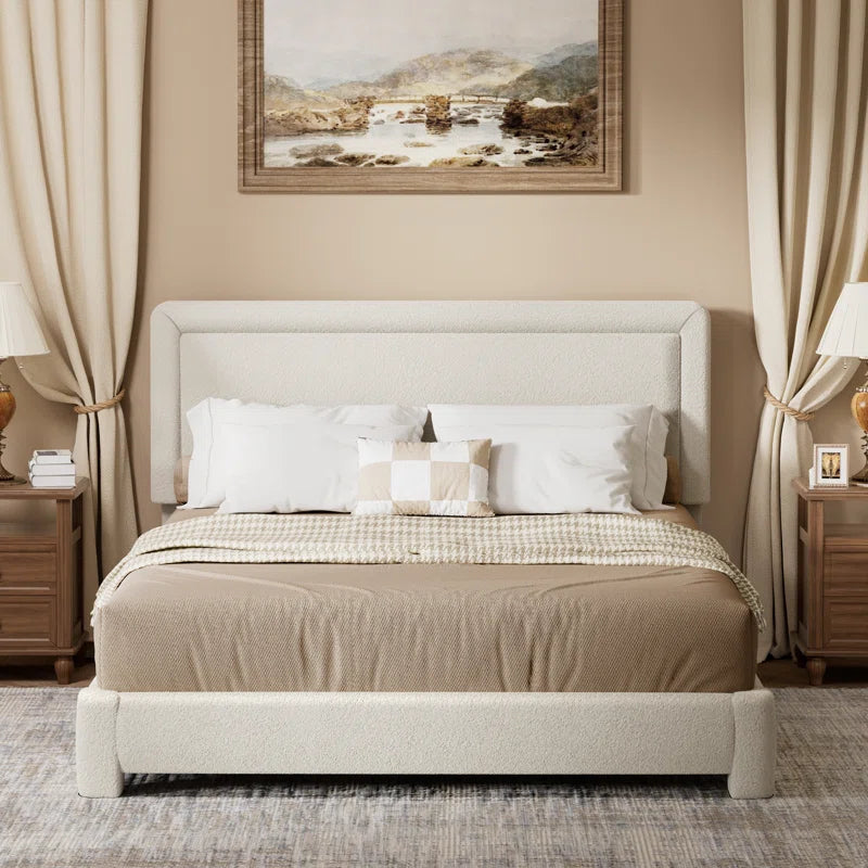 Boucle Bed Frame,Upholstered Bed Frame With Headboard, Surface Cover Soft Cloud Bed Frame Easy Assembly, No Box Spring Required OUCH CART