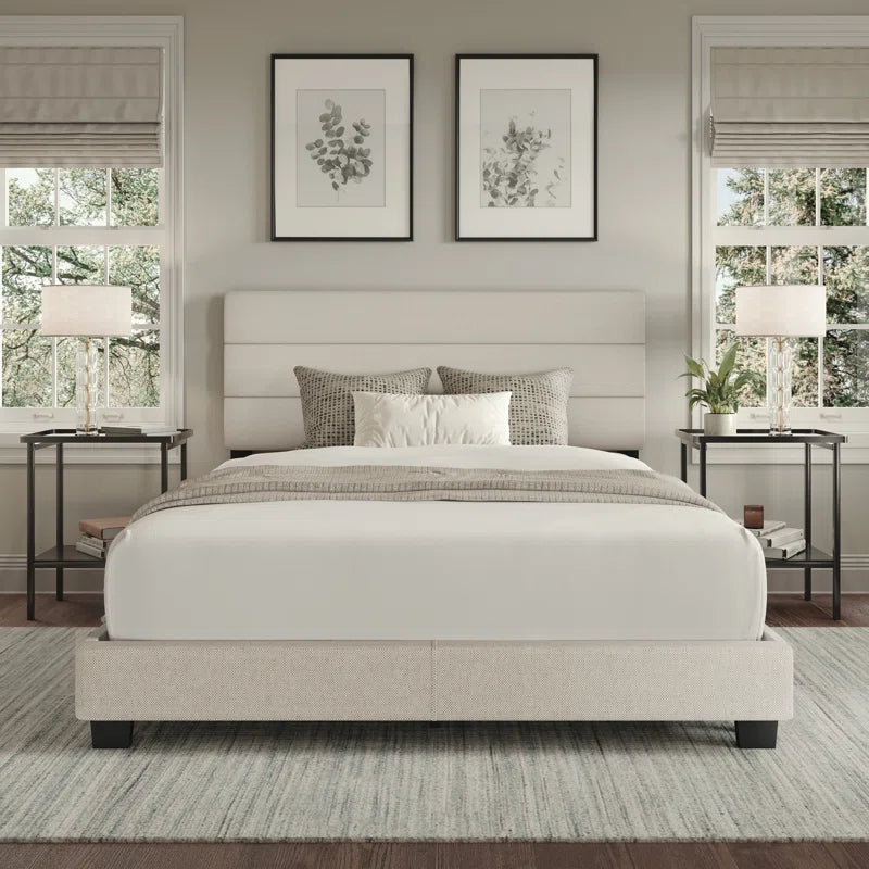 Boyd Sleep Sicily Upholstered Linen Tri Panel Platform Bed Frame with Adjustable Height Headboard, Sturdy 13 Slat Support System, No Box Spring Required OUCH CART