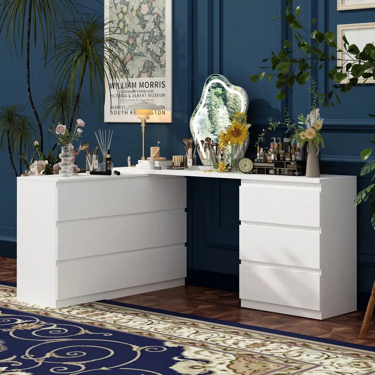 Functional Brance White 9-Drawer Makeup Vanity Desk – Convertible Design