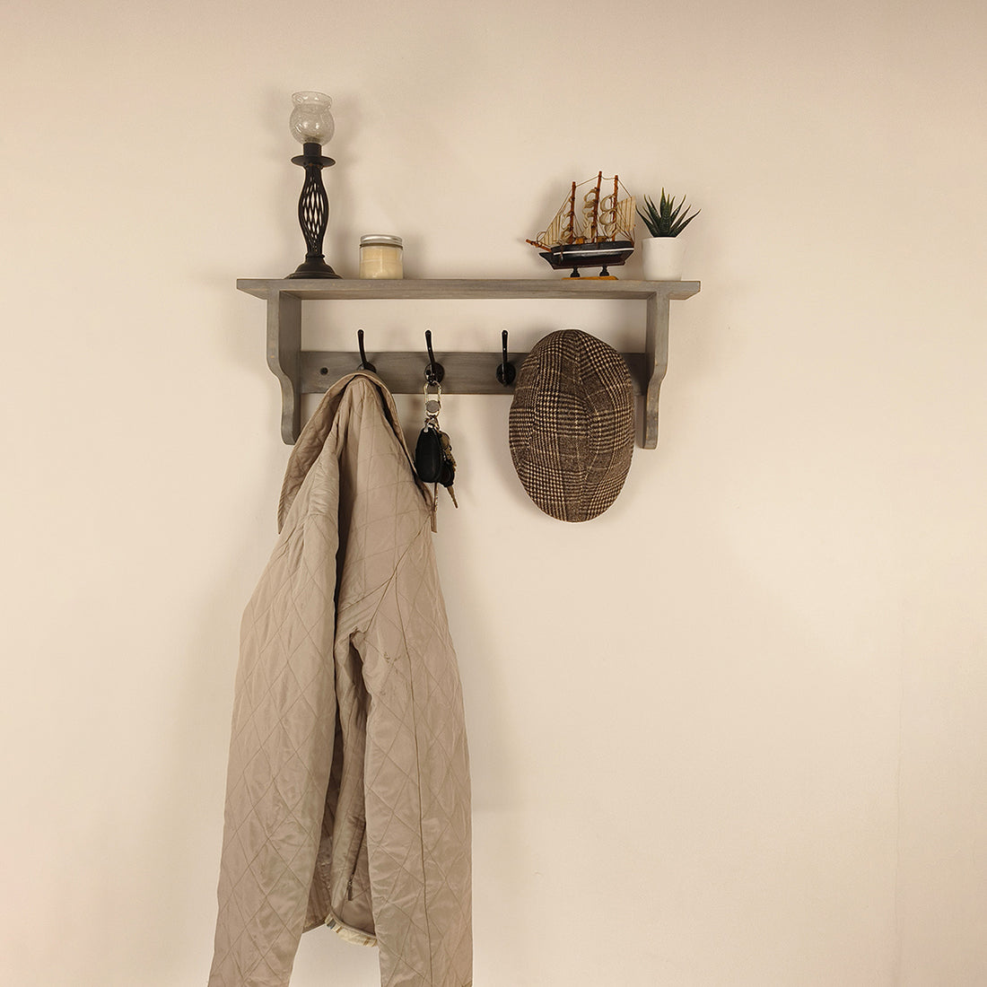 Brentwood Wooden Wall Shelf Organiser with Key Holders -OUCH CART | Wall hanging