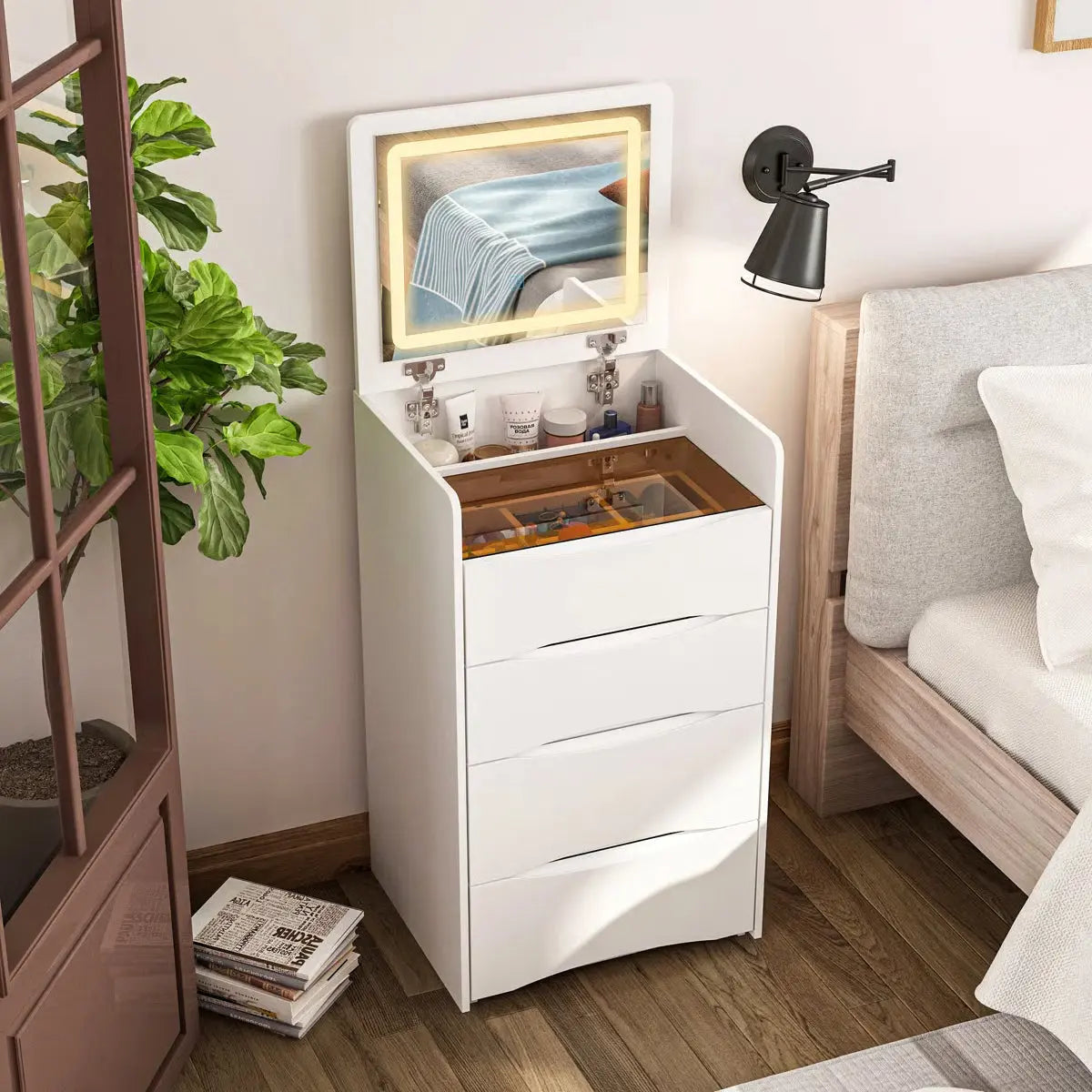 47’’ High-End Makeup Vanity Set with Glass Top, 5 Drawers, Built-In Power & Stool