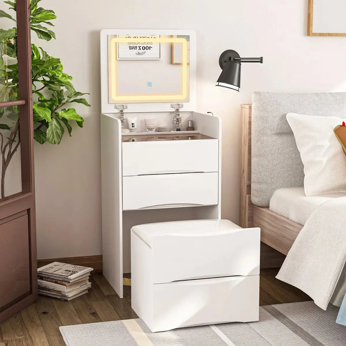 47โโ High-End Makeup Vanity Set with Glass Top, 5 Drawers, Built-In Power & Stool